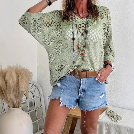 🌿 Handmade Crochet V‑Neck Boho Top | Apricot Summer Essential