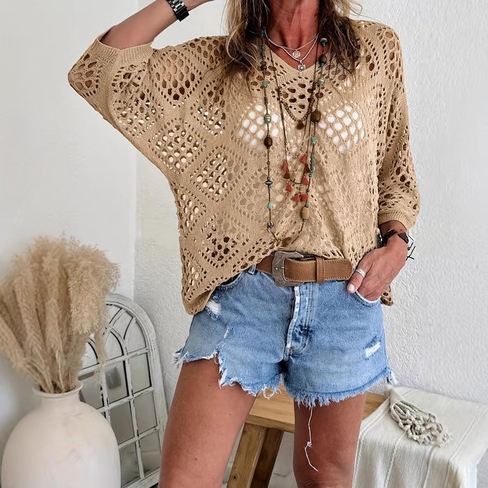 🌿 Handmade Crochet V‑Neck Boho Top | Apricot Summer Essential