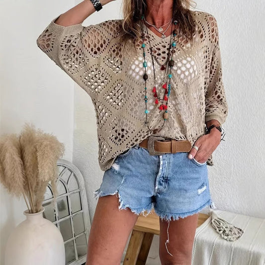 🌿 Handmade Crochet V‑Neck Boho Top | Apricot Summer Essential