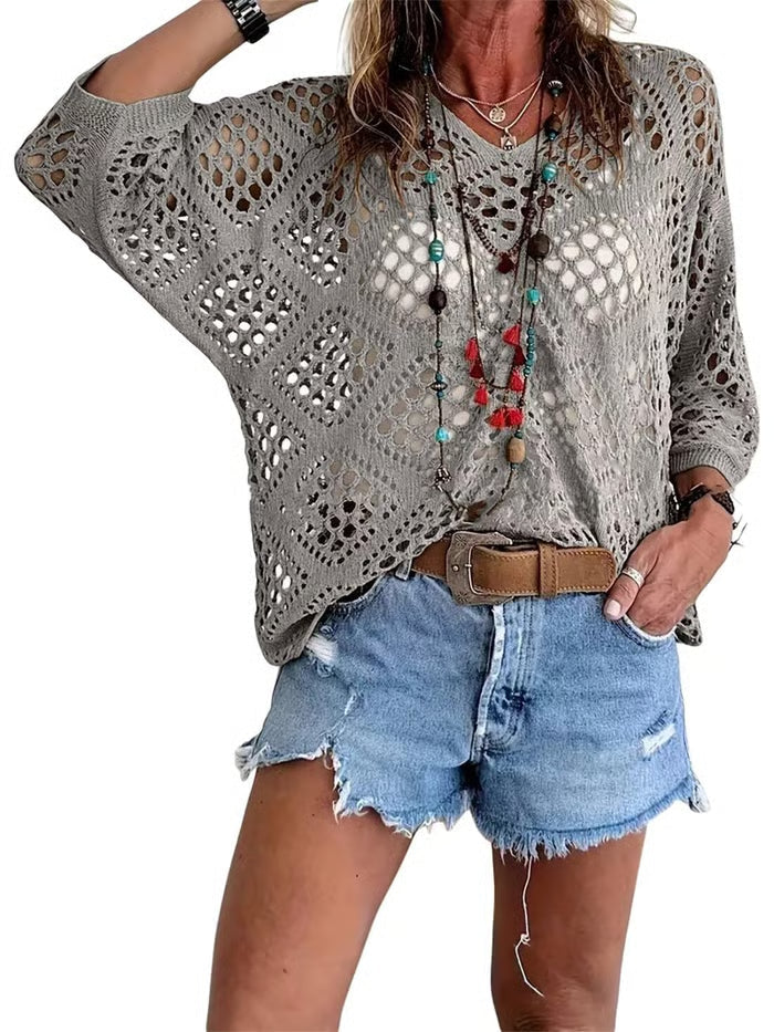 🌿 Handmade Crochet V‑Neck Boho Top | Apricot Summer Essential