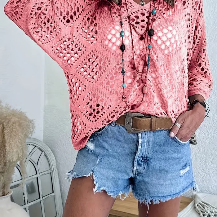 🌿 Handmade Crochet V‑Neck Boho Top | Apricot Summer Essential