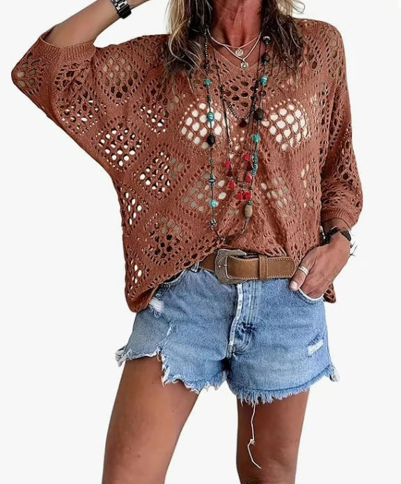 🌿 Handmade Crochet V‑Neck Boho Top | Apricot Summer Essential