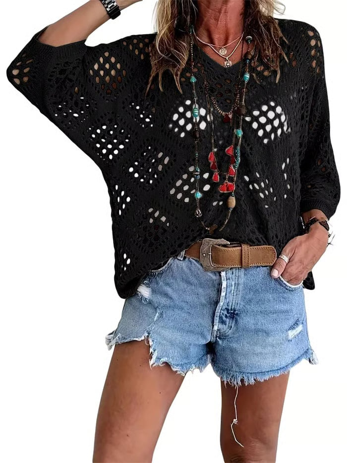 🌿 Handmade Crochet V‑Neck Boho Top | Apricot Summer Essential