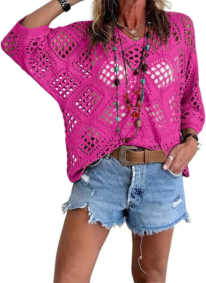 🌿 Handmade Crochet V‑Neck Boho Top | Apricot Summer Essential